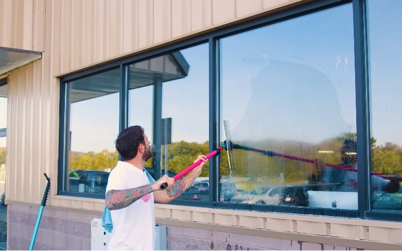 Commercial window cleaning service using a water-fed pole in Glasgow
