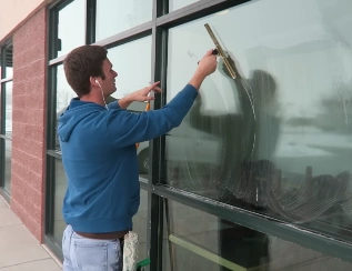 Window cleaner using a squeegee to clean large glass windows in Glasgow